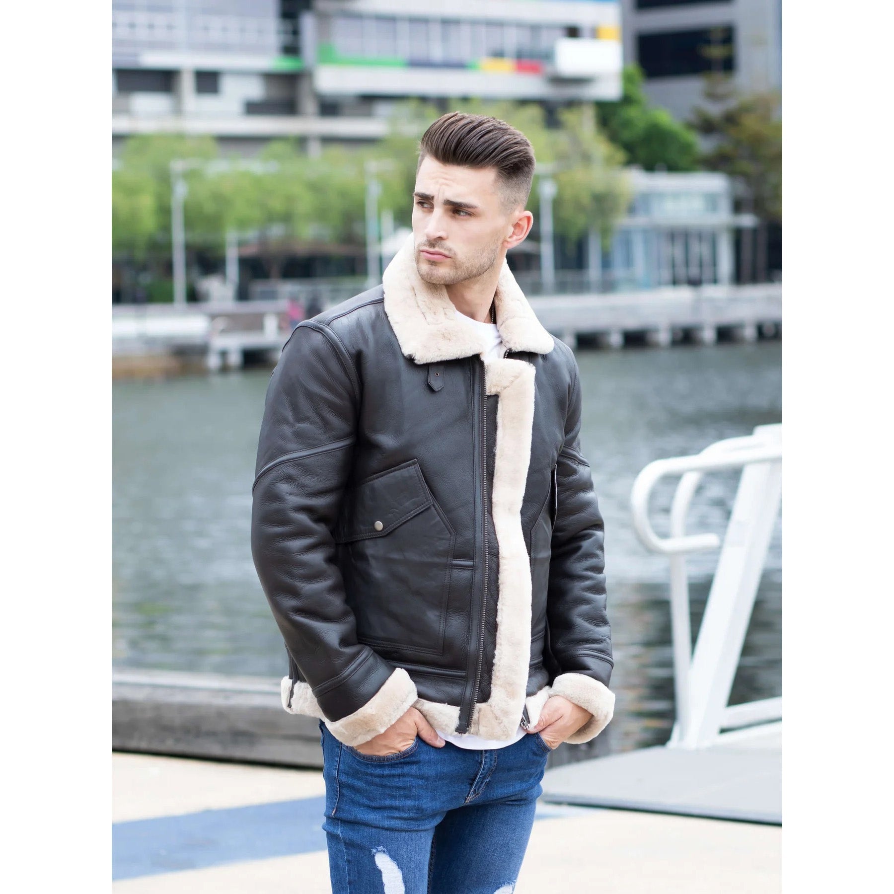 Veste en cuir de mouton retourné style Airforce pour homme