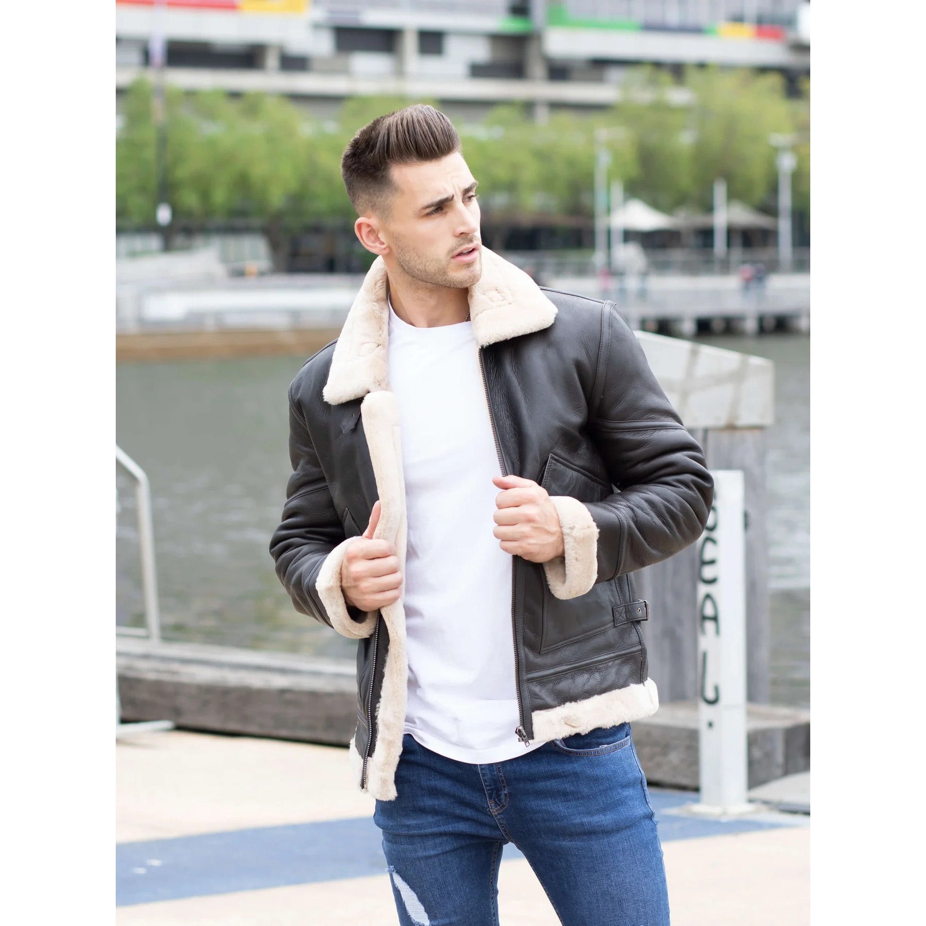 Veste en cuir de mouton retourné style Airforce pour homme