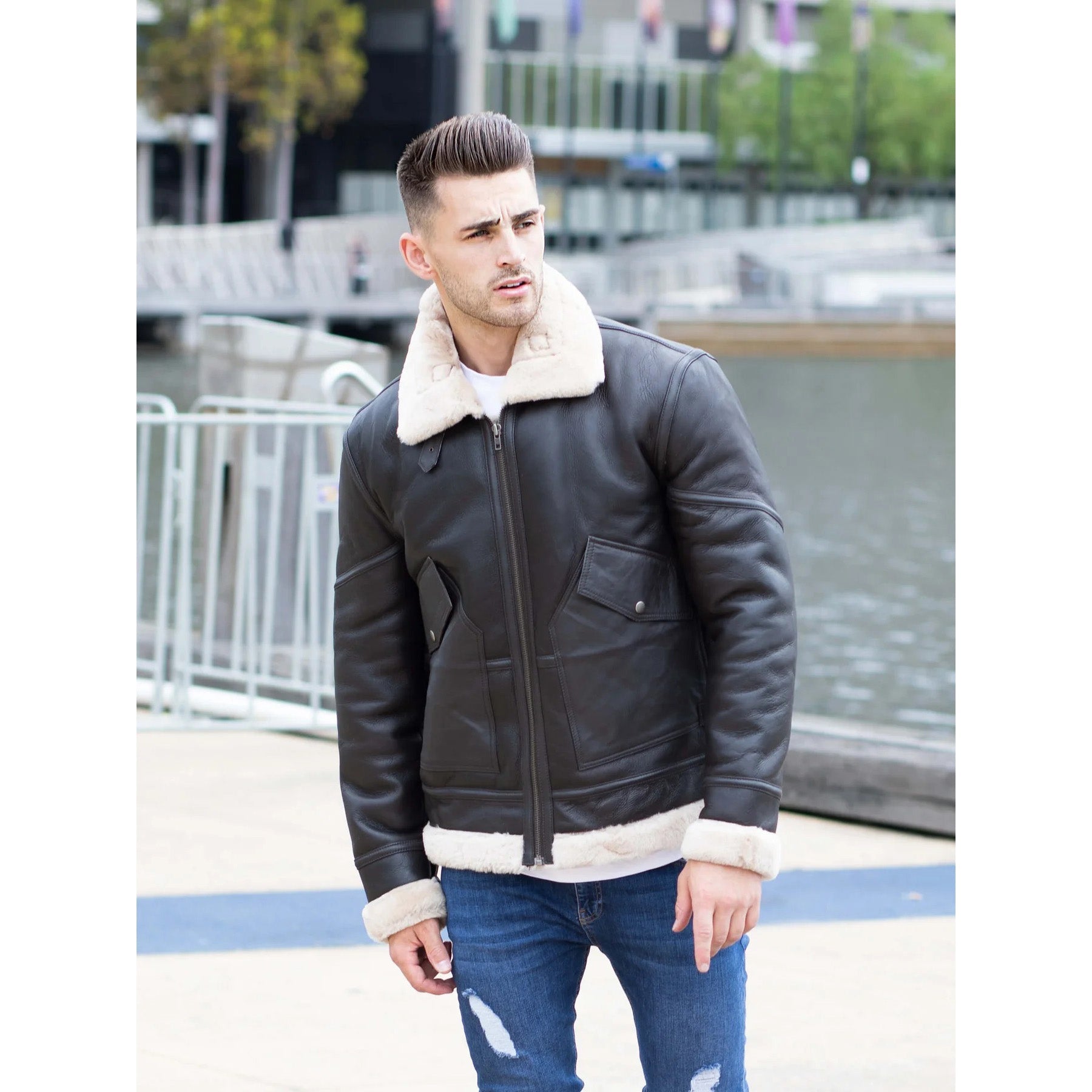 Veste en cuir de mouton retourné style Airforce pour homme