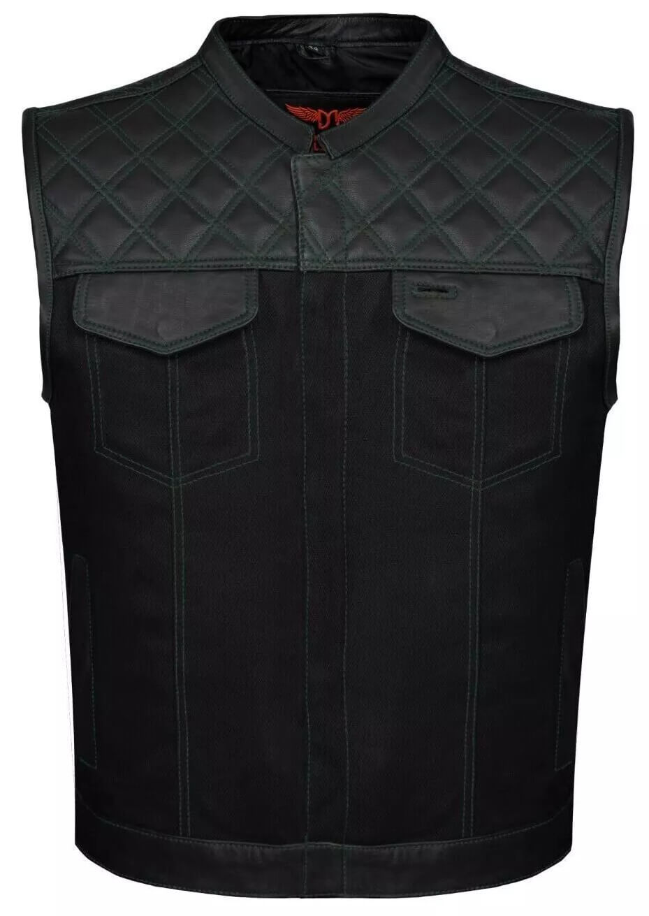 Gilet de motard noir pour homme - Gilet de moto en cuir matelassé à losanges