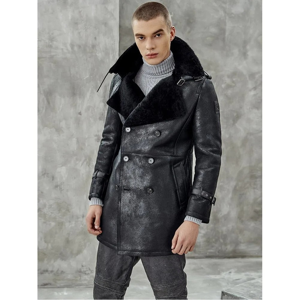 Trench-coat long en peau de mouton noire pour homme