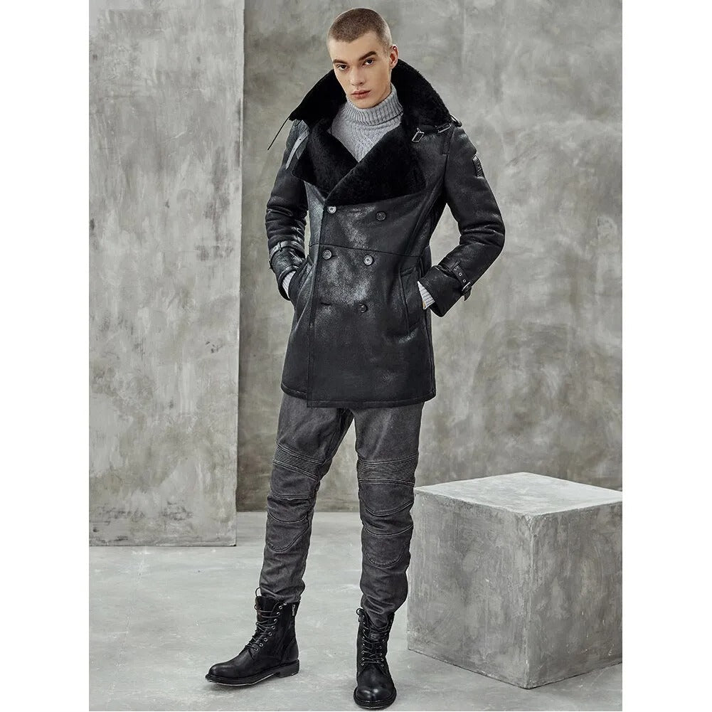 Trench-coat long en peau de mouton noire pour homme