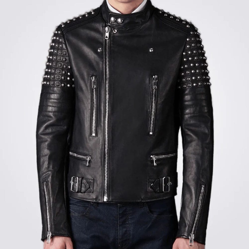 Veste tendance en cuir clouté noir pour homme