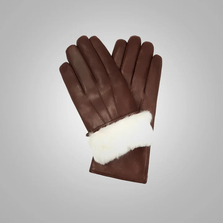 Gants en cuir d'agneau marron pour homme avec doublure en fourrure blanche