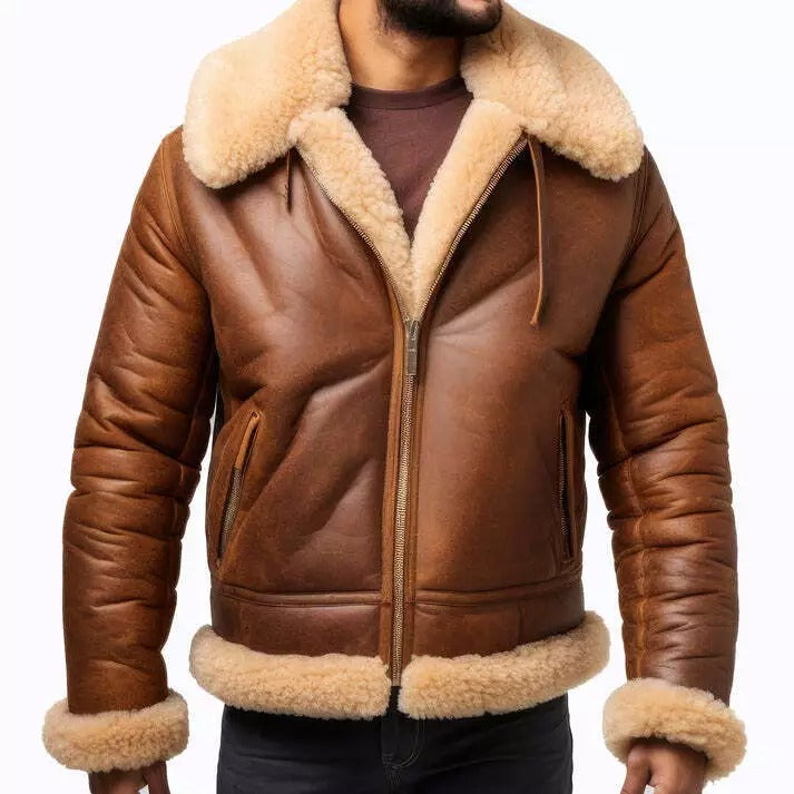 Blouson aviateur en peau de mouton retournée marron RAF B3 pour homme - Manteau en cuir aviateur