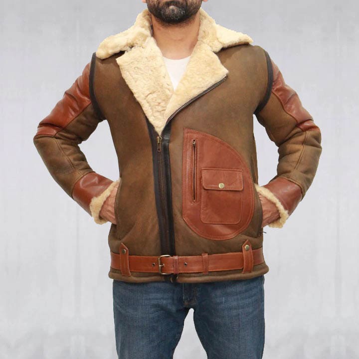 Blouson aviateur en peau de mouton marron pour homme