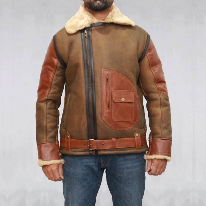 Blouson aviateur en peau de mouton marron pour homme