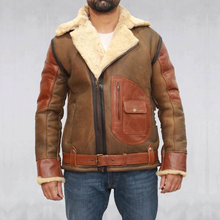 Blouson aviateur en peau de mouton marron pour homme