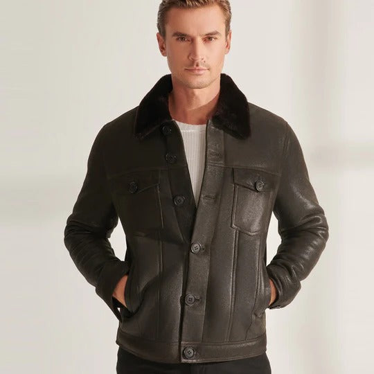 Veste aviateur en cuir de mouton marron pour homme