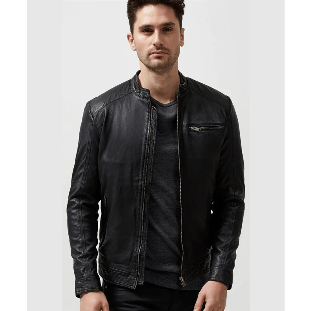 Veste en cuir noir classique pour homme