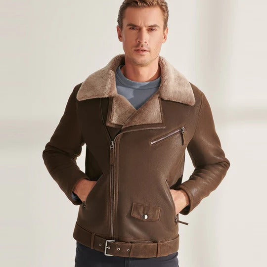 Veste aviateur classique en peau de mouton retournée marron pour homme