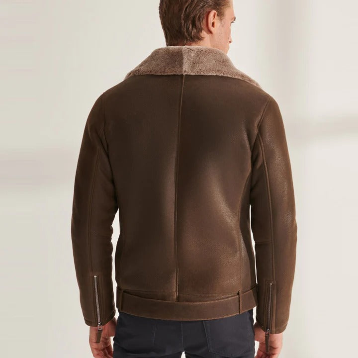 Veste aviateur classique en peau de mouton retournée marron pour homme