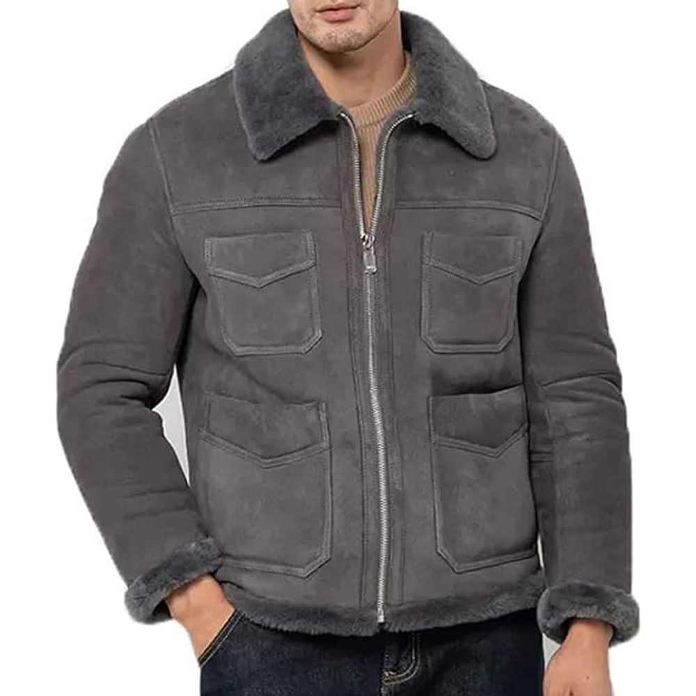 Men's Grey Suede Leather Shearling Jacket