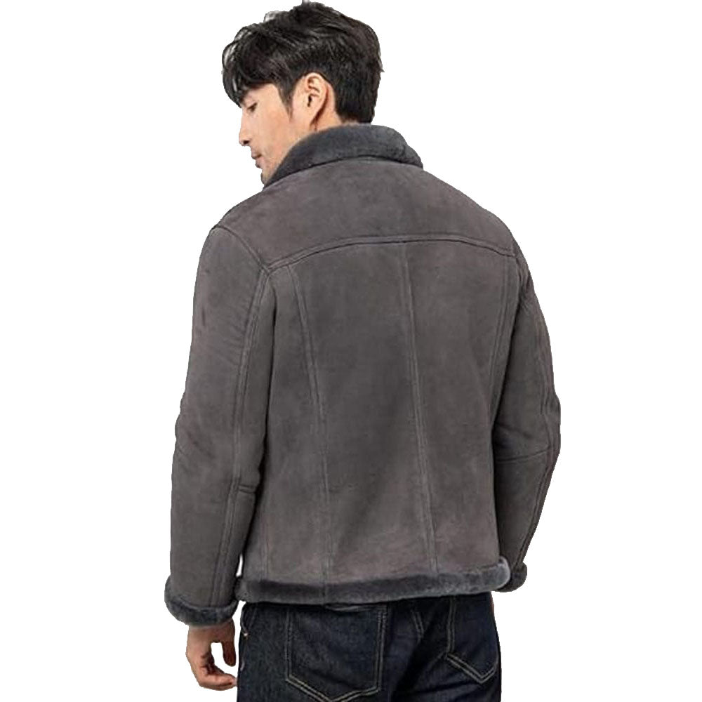 Men's Grey Suede Leather Shearling Jacket