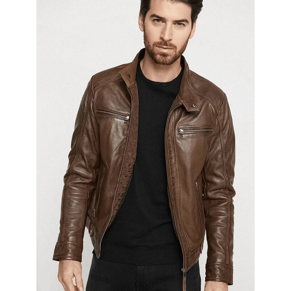 Veste en cuir marron à capuche pour homme