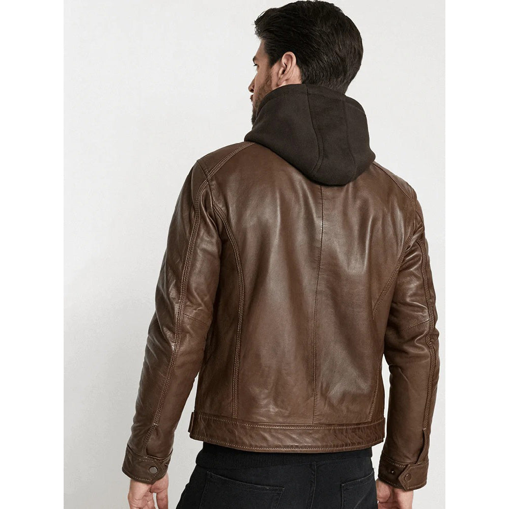 Veste en cuir marron à capuche pour homme