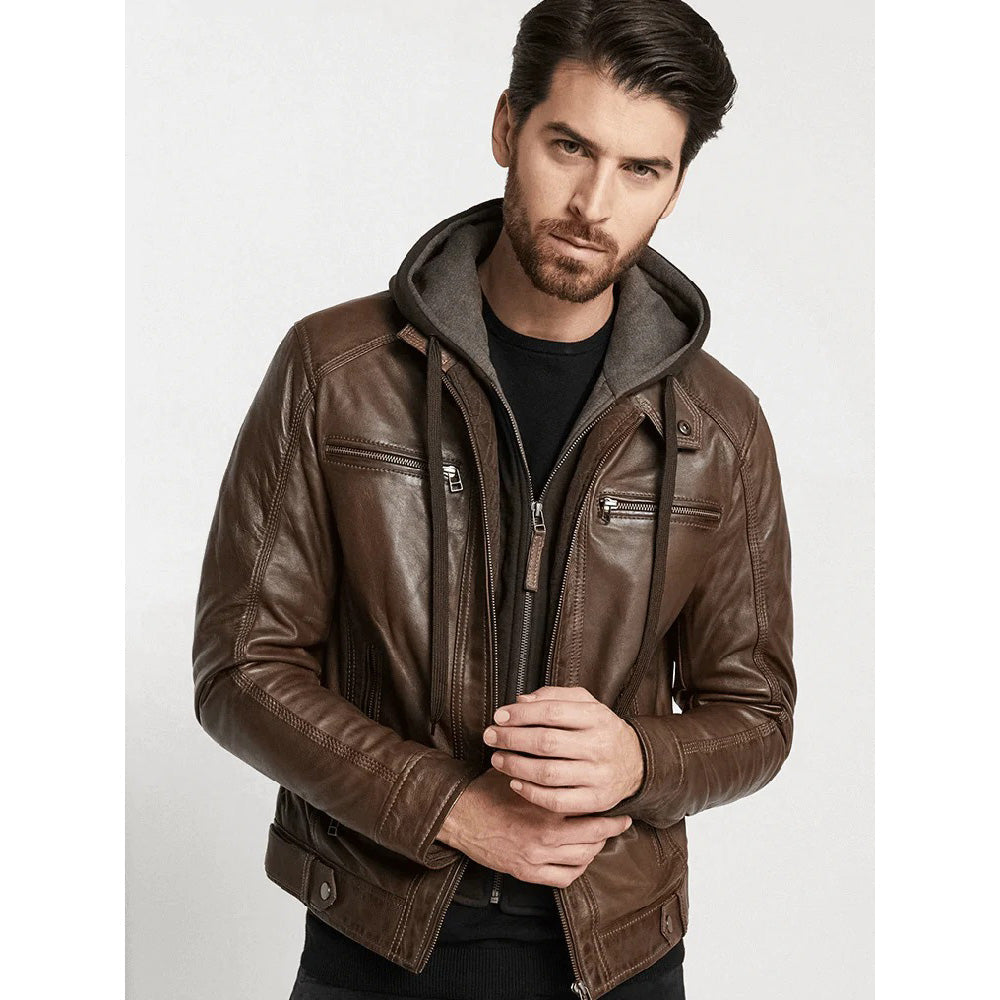 Veste en cuir marron à capuche pour homme