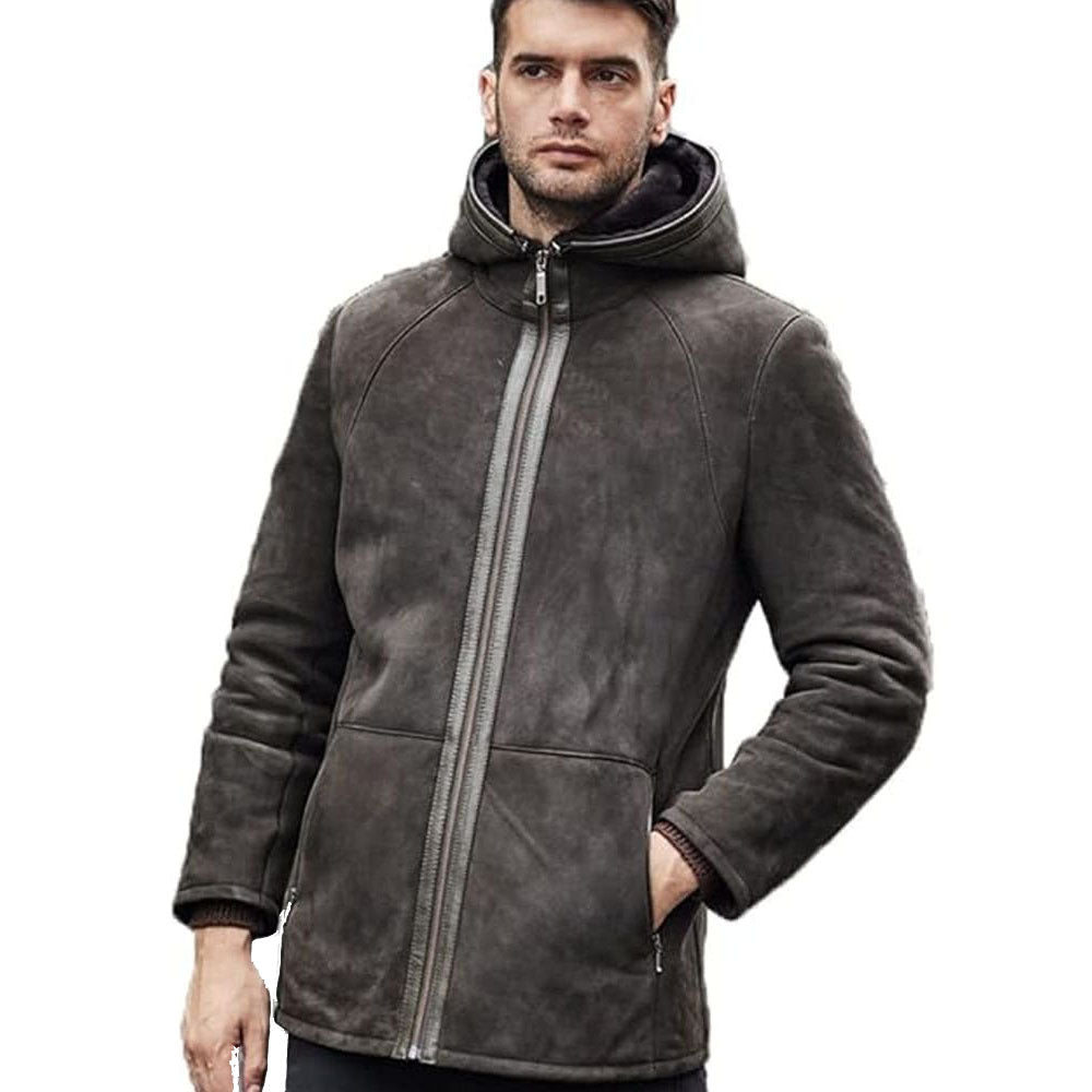 Manteau mi-long en peau de mouton et daim à capuche pour homme