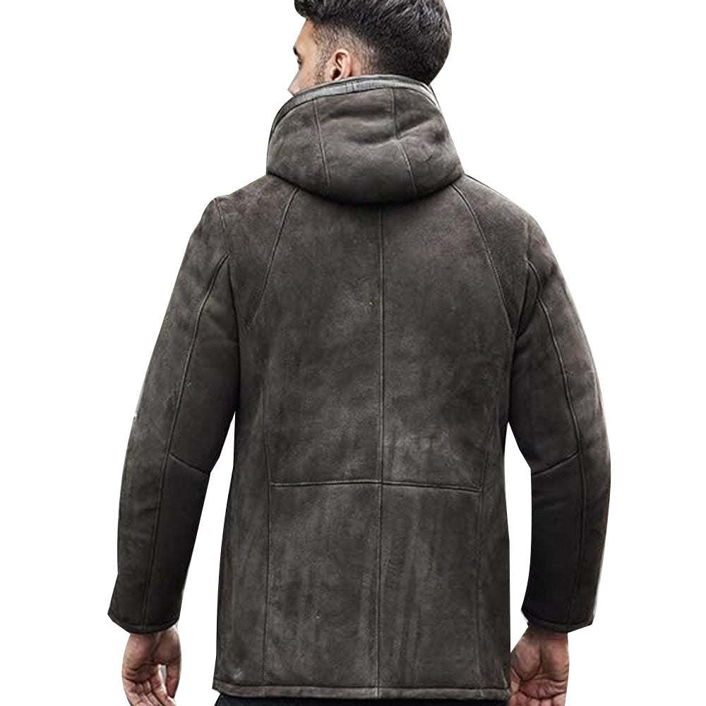 Manteau mi-long en peau de mouton et daim à capuche pour homme