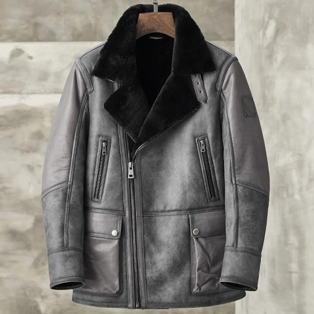 Herren-Bomberjacke aus Shearling B3 in Metallic-Grau - Mantel aus echtem Leder