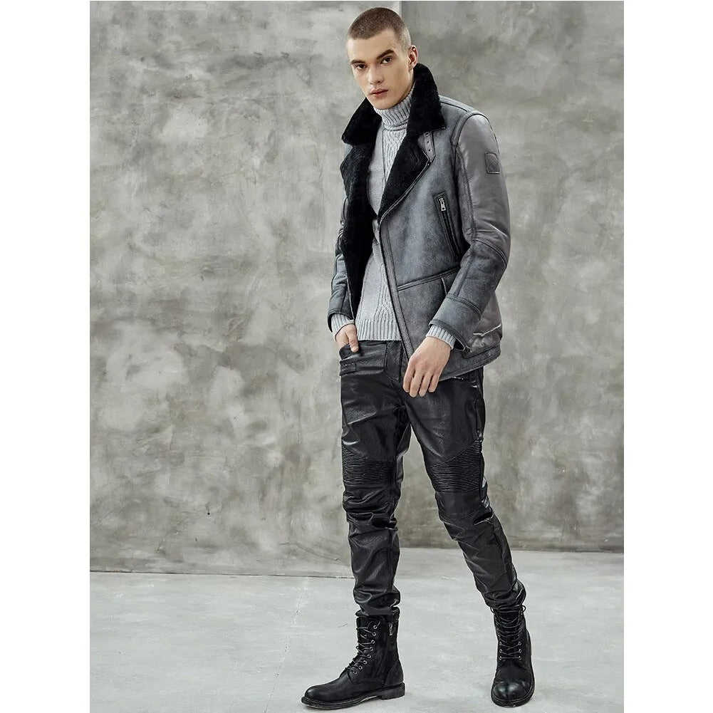 Herren-Bomberjacke aus Shearling B3 in Metallic-Grau - Mantel aus echtem Leder