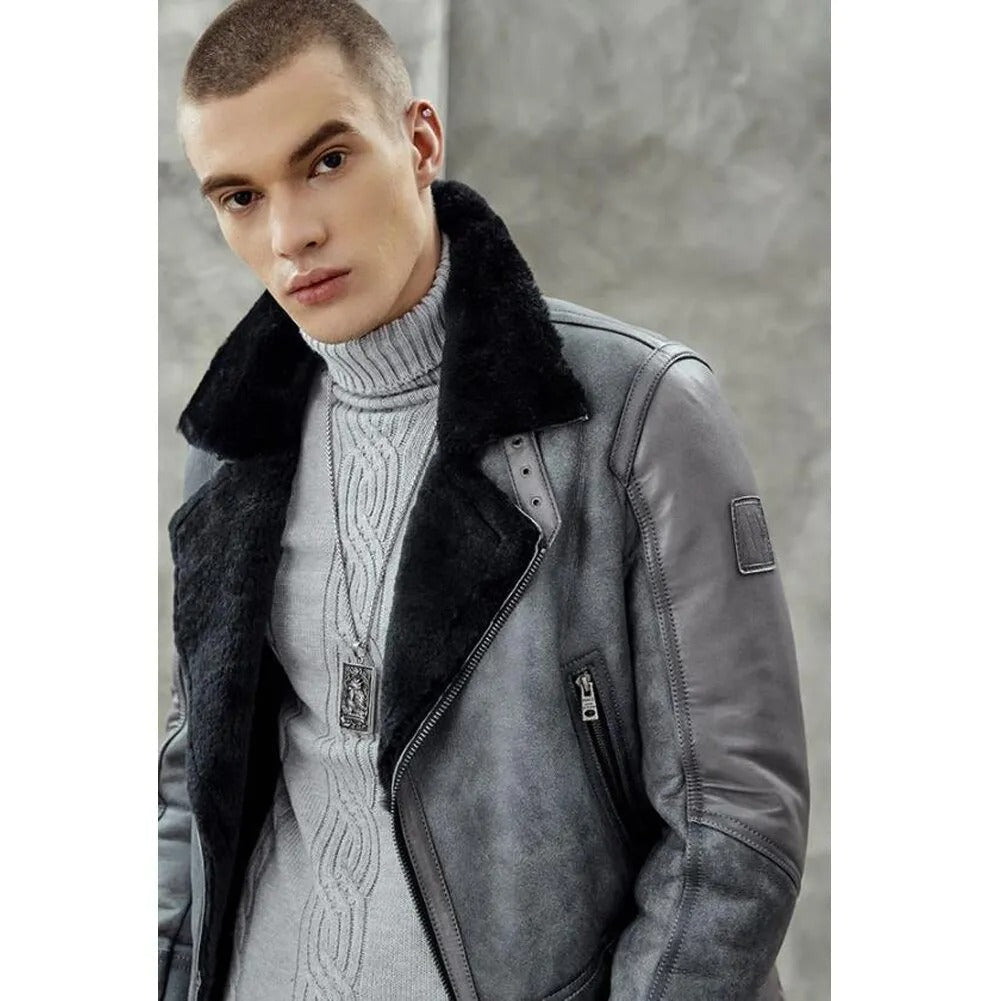 Herren-Bomberjacke aus Shearling B3 in Metallic-Grau - Mantel aus echtem Leder