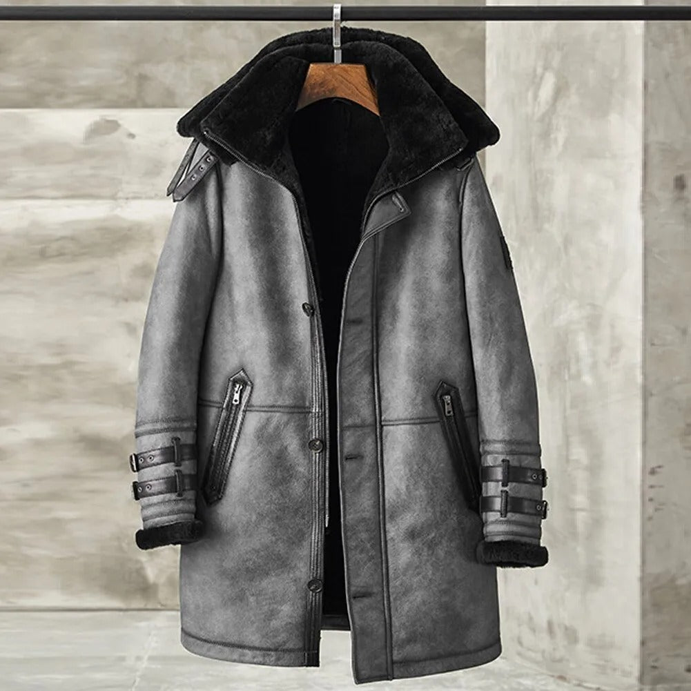 Langer Bombermantel B7 aus Shearling für Herren in Metallic-Grau