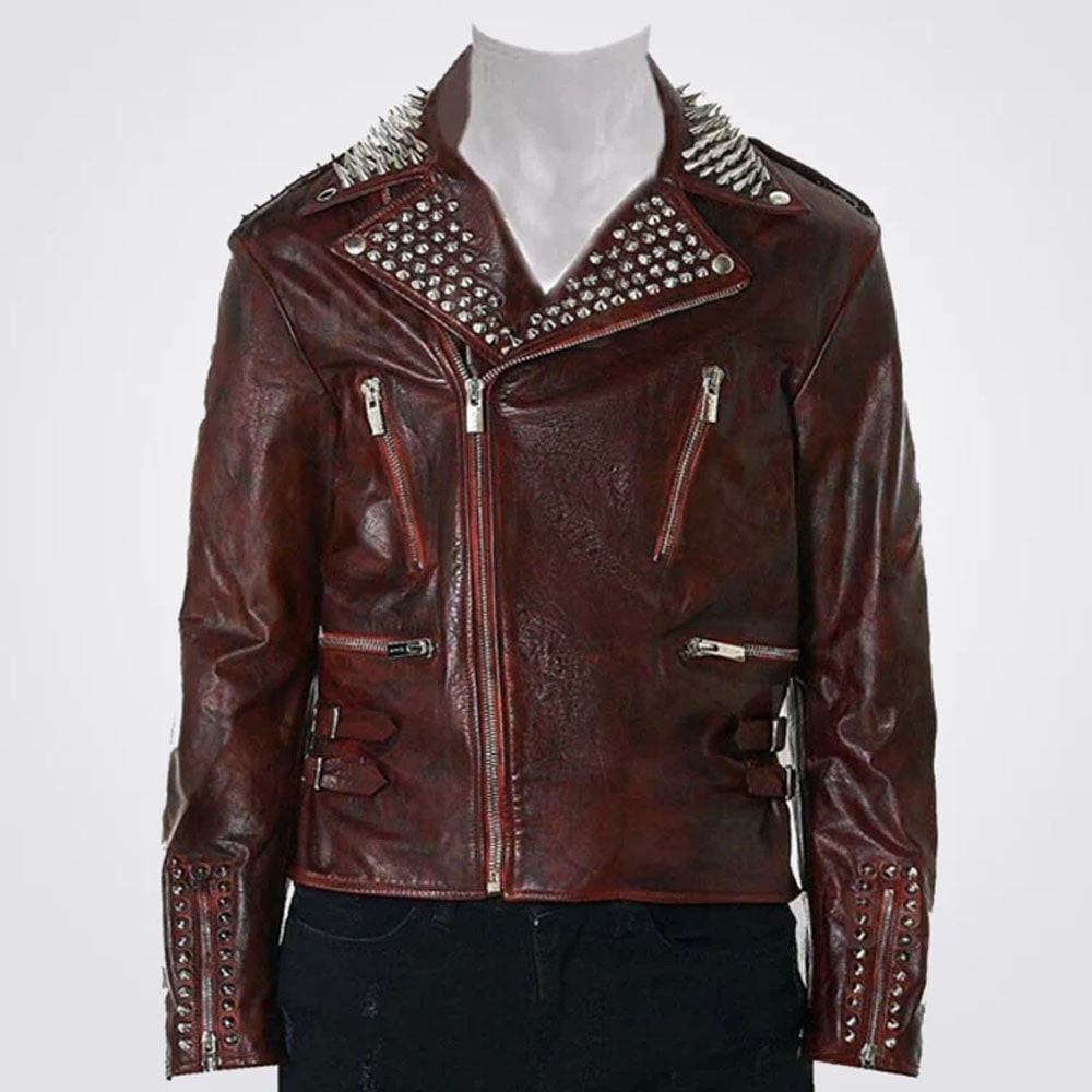 Veste en cuir à pointes métallisées rouge pour homme - Veste Punk