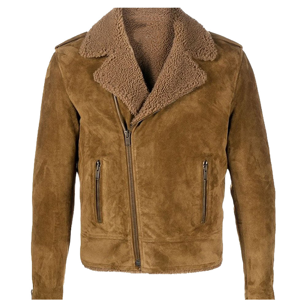 Veste de moto en cuir suédé et peau de mouton pour homme