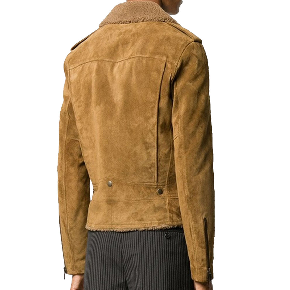 Veste de moto en cuir suédé et peau de mouton pour homme