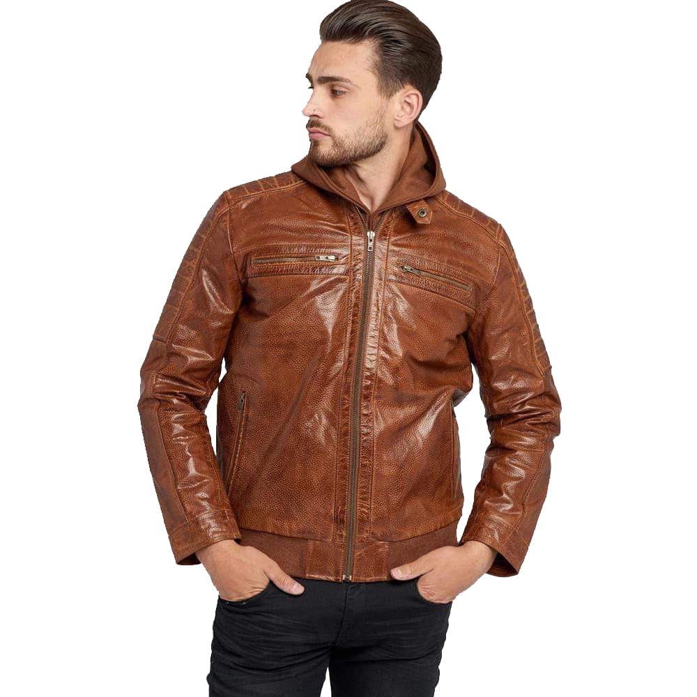 Veste en cuir ciré marron à capuche pour homme