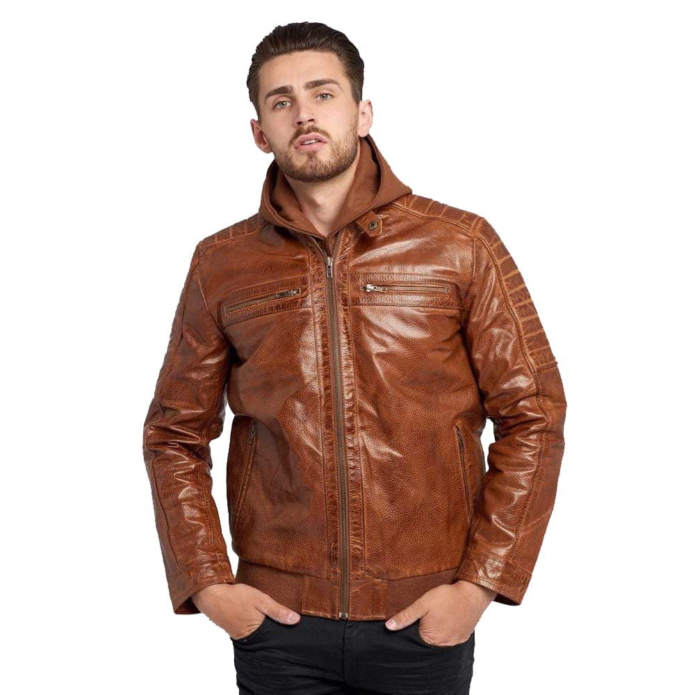 Veste en cuir ciré marron à capuche pour homme