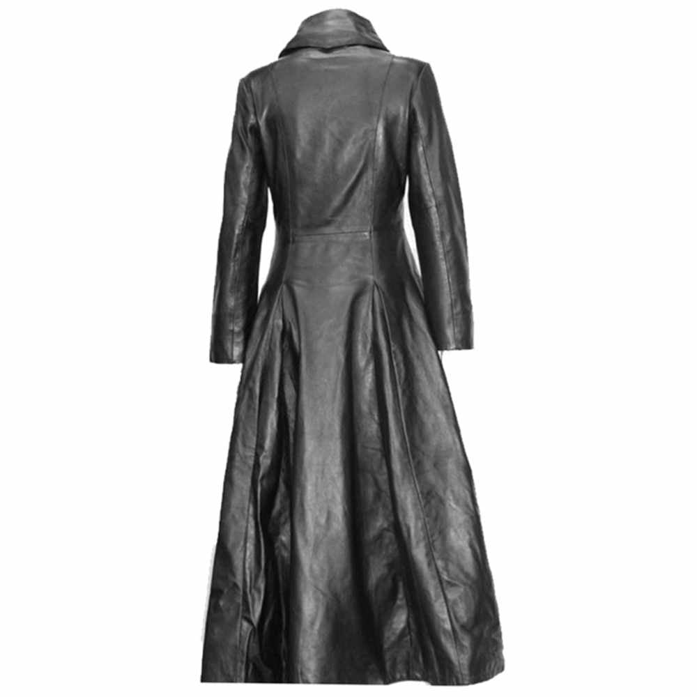 Manteau en cuir noir de minuit pour femme, long et tendance 