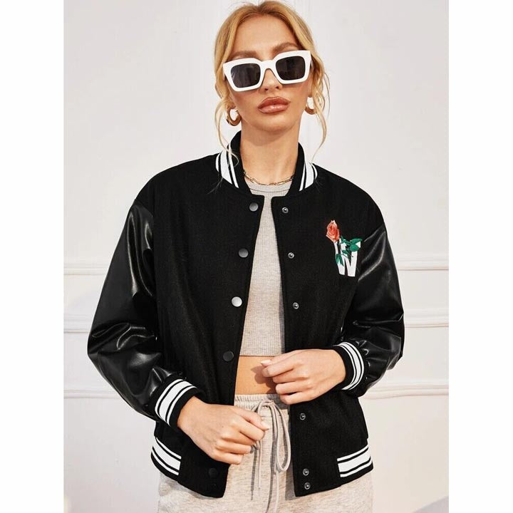 New Women's Black Bomber Varsity Jacket