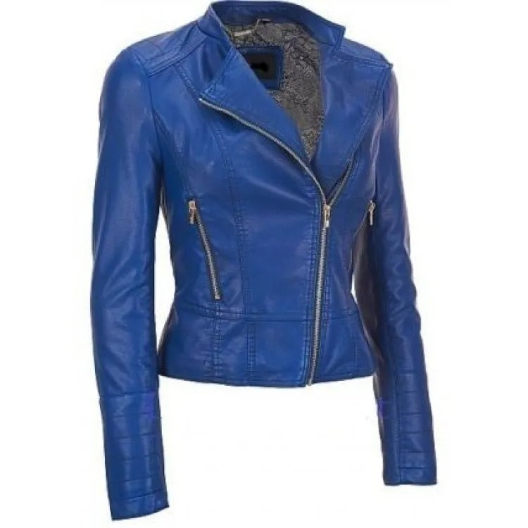 Nouvelle veste de moto en cuir bleu pour femme