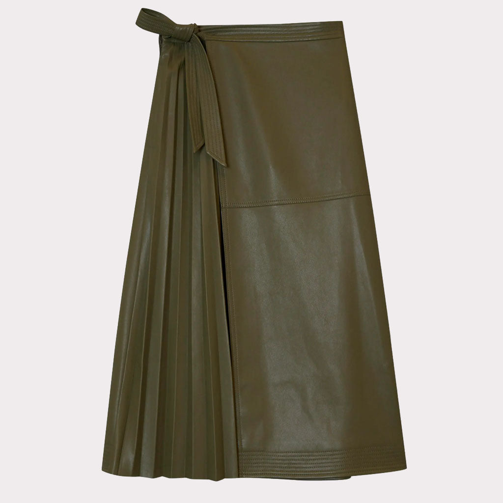 Jupe portefeuille mi-longue en cuir vert olive pour femme - Élégance tendance