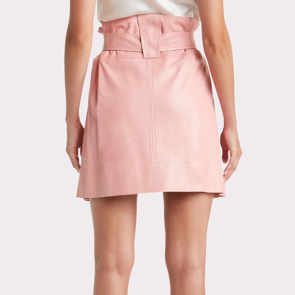 Mini-jupe en cuir rose pastel avec ceinture pour femme