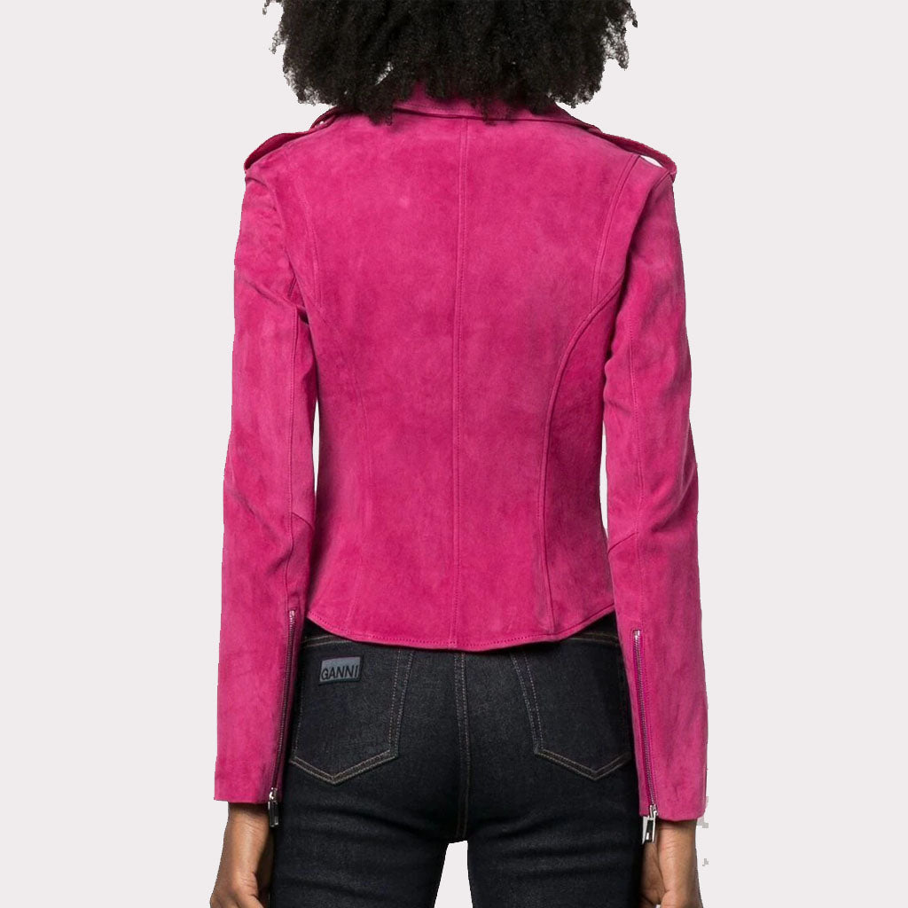 Veste motard en cuir suédé rose de qualité supérieure pour femme