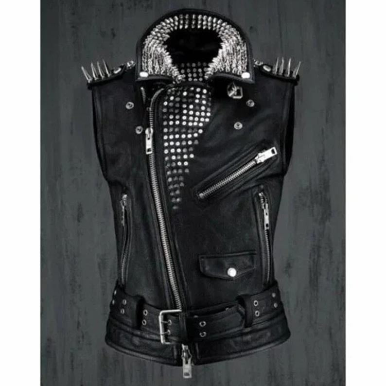 Gilet punk en cuir noir clouté pour homme