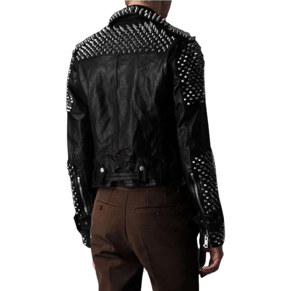 Veste en cuir véritable cloutée argentée pour homme style punk