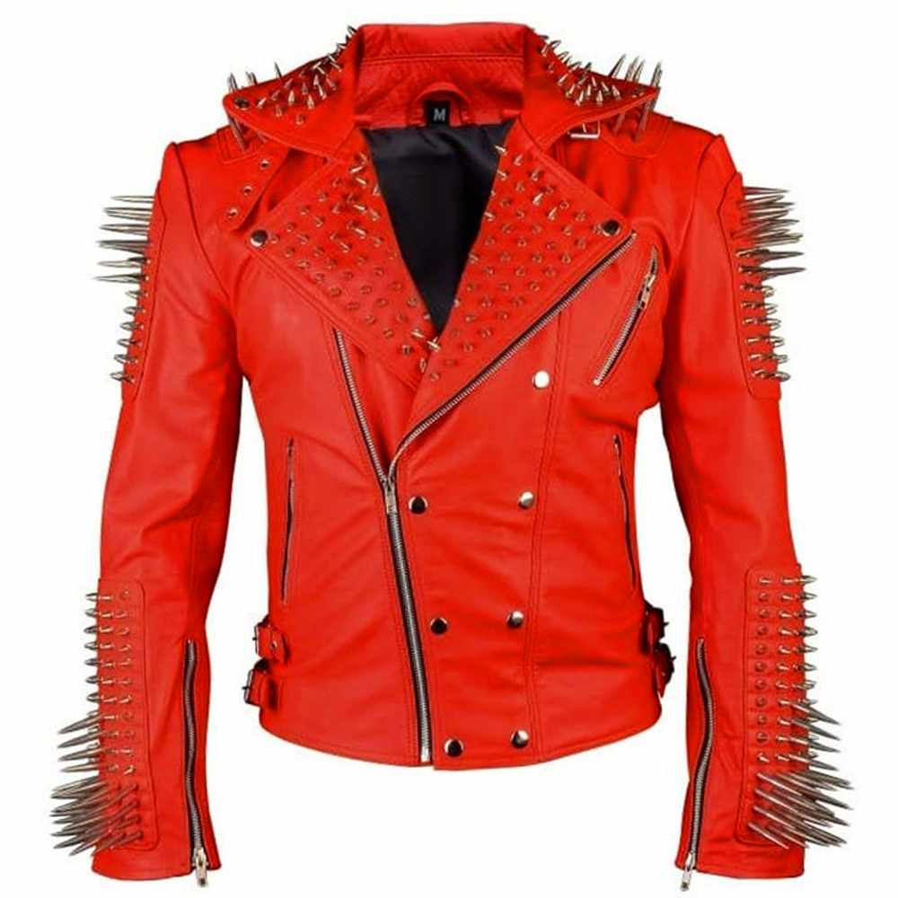 Veste de motard en cuir rouge à clous punk 