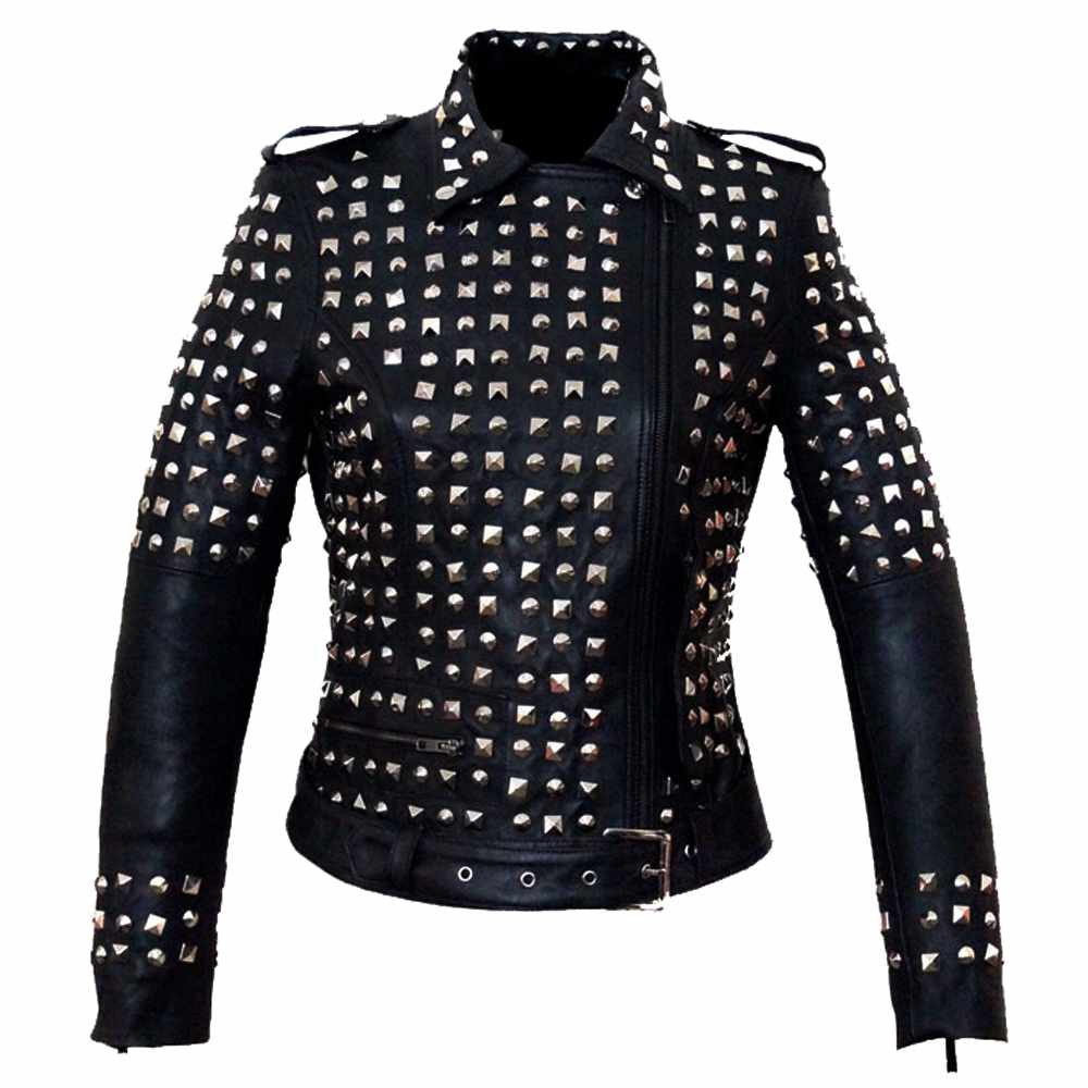 Veste motard en cuir noir cloutée pour femme style punk