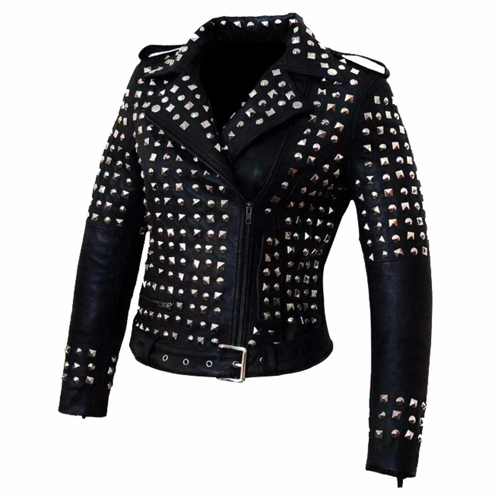 Veste motard en cuir noir cloutée pour femme style punk