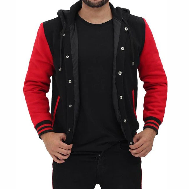 Veste de baseball à capuche rouge et noire