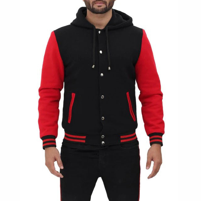 Veste de baseball à capuche rouge et noire