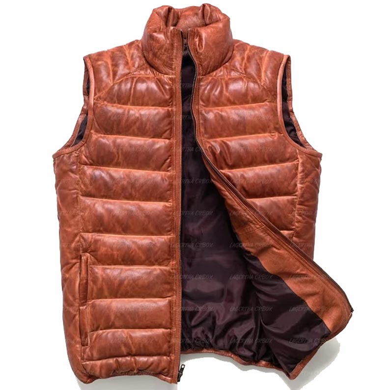 Men's Brown Sheepskin Leather Puffer Vest