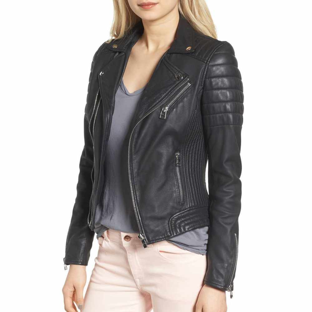 Veste de moto classique en cuir noir slim fit pour femme