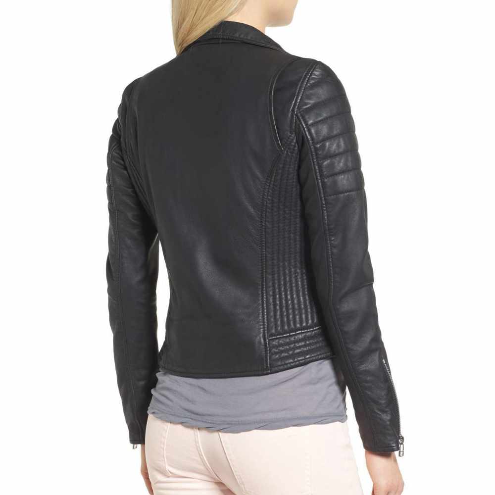 Veste de moto classique en cuir noir slim fit pour femme