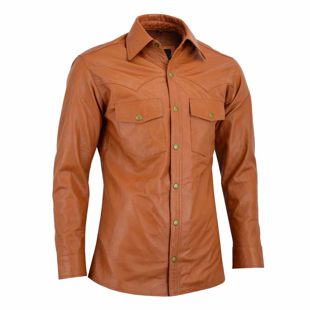 Chemise en cuir souple à manches longues pour homme, coupe slim, marron clair 