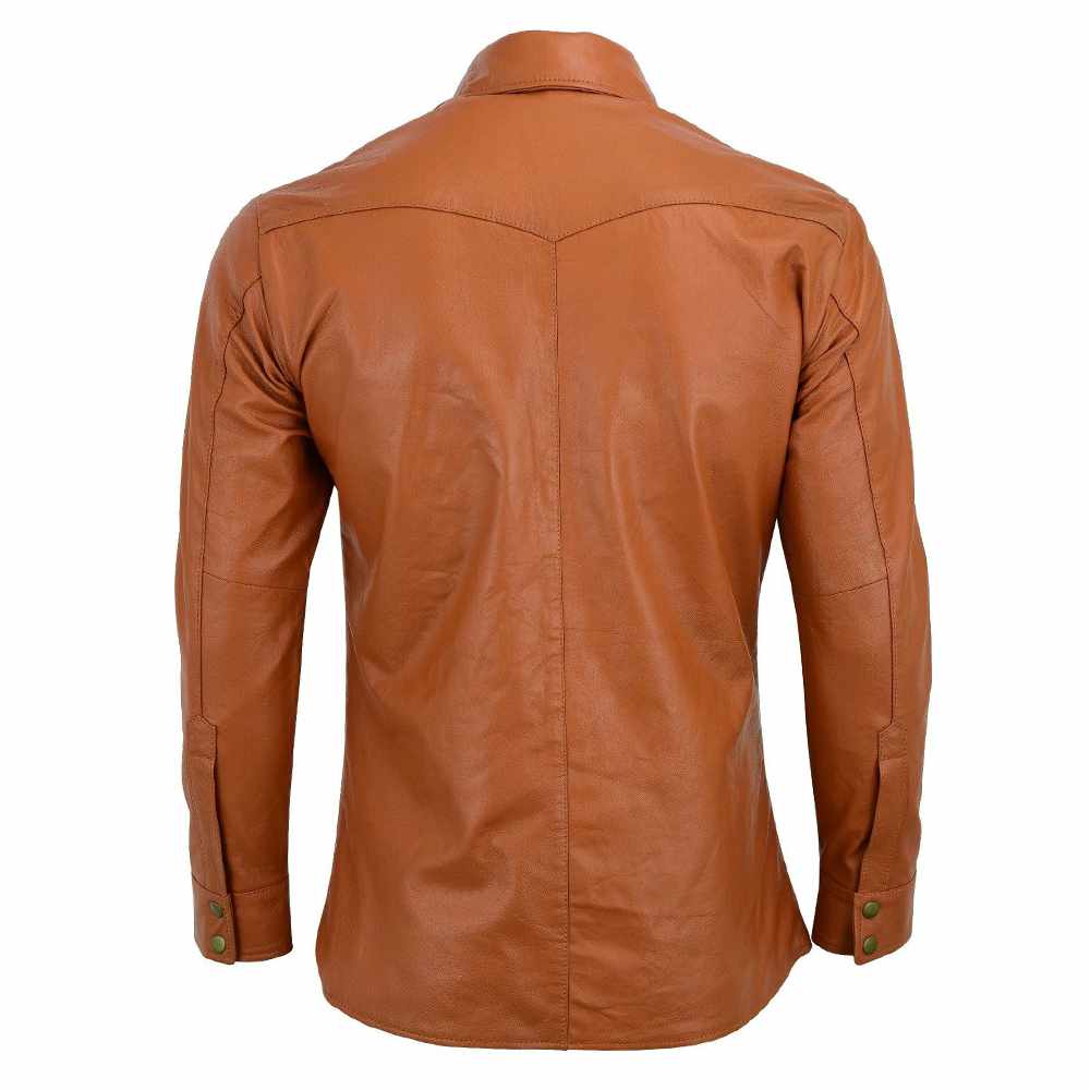 Chemise en cuir souple à manches longues pour homme, coupe slim, marron clair 